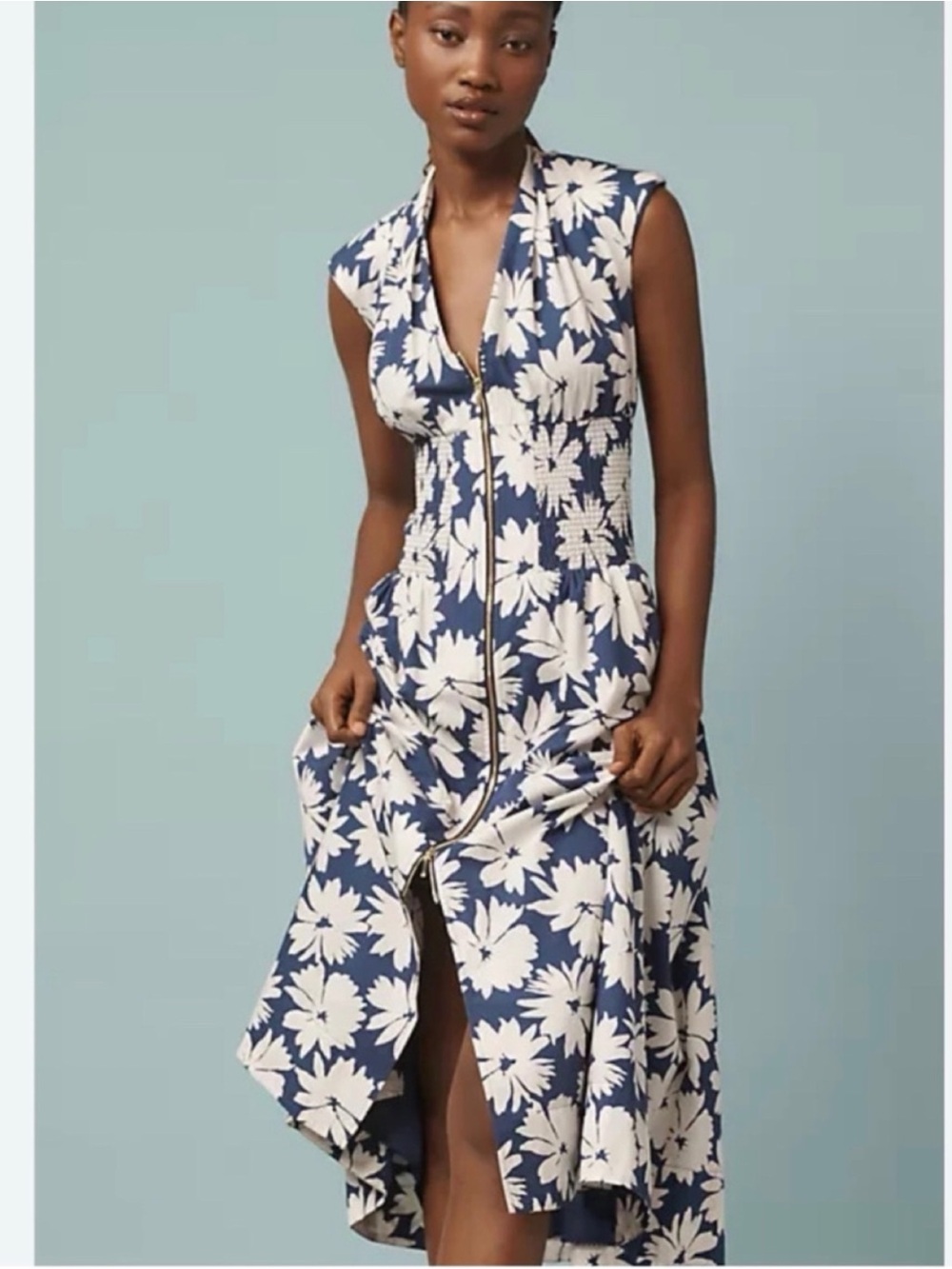 Anthropologie Tommie Cap Sleeve Smocked Zip Front Midi Dress Navy/White Floral